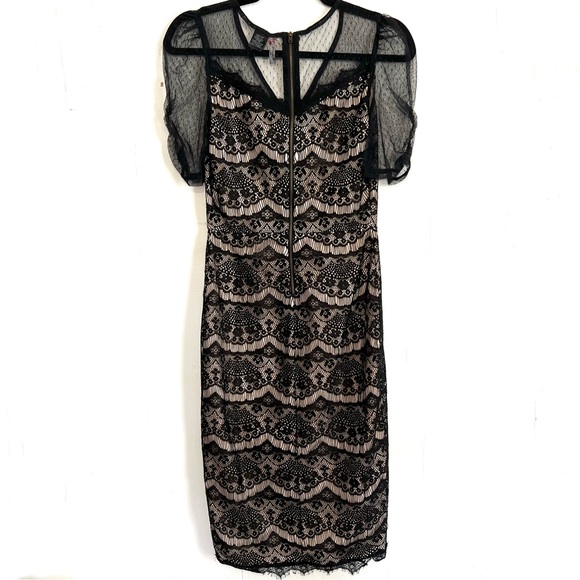 Fire Los Angeles Dress Fitted Bodycon Black Beige Lined Swiss Dot Mesh Small - Picture 4 of 5